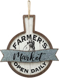 Farmer's Market Open Daily Wood and Metal Circular Signs|Rustic Farmhouse Kitchen Wood Sign Plaque Wall Hanging Decor 17.75x0.5x19"