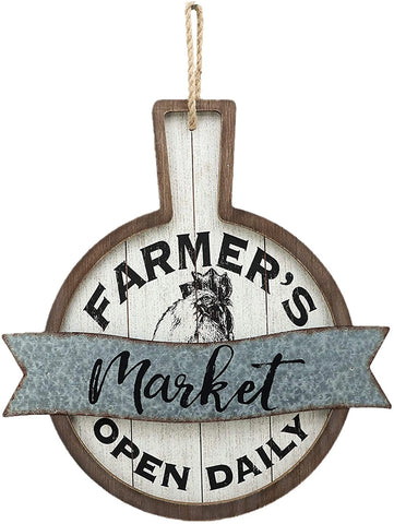 Farmer's Market Open Daily Wood and Metal Circular Signs|Rustic Farmhouse Kitchen Wood Sign Plaque Wall Hanging Decor 17.75x0.5x19