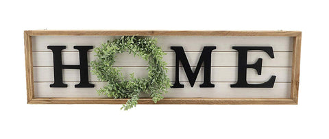 Wooden Framed Home Plaque with Green Wreath for The O|Housewarming Home Decor-Large Farmhouse Home Signs Plaque Wall Hanging Decor for Mantle Living Room. 31.5x1.25x8.75