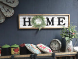 Wooden Framed Home Plaque with Green Wreath for The O|Housewarming Home Decor-Large Farmhouse Home Signs Plaque Wall Hanging Decor for Mantle Living Room. 31.5x1.25x8.75"