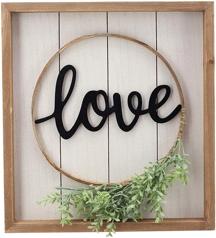 Love Decorative Sign Decor for Wall- Rustic Farmhouse Accent Love Sign Plaque with PVC Green Leaf for Living Room and Kitchen. 13.75