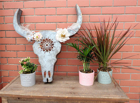 Distressed Galvanized Metal Bull Head Skull Wall Hanging Art Southwestern Cow Steer Skull with Frabic Flowers 18x 19.3 x 2.75 Inches