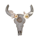 Distressed Galvanized Metal Bull Head Skull Wall Hanging Art Southwestern Cow Steer Skull with Frabic Flowers 18x 19.3 x 2.75 Inches