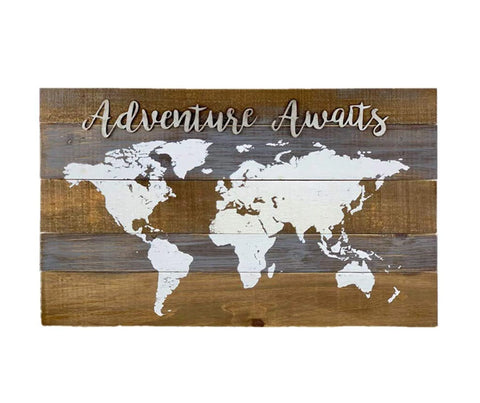 Adventure Awaits World Map Wood Wall Decor- Farmhouse Rustic Wood Wall Plaque-Vintage Adventure Decor,16.75