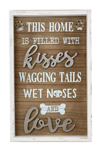 Vintage Wood Framed Wall Plaque with Dog Quote - This Home is Filled with Kisses Wagging Tails Wet Noses and Love- Farmhouse Rustic Wood Dog Sign Home Decor- 12