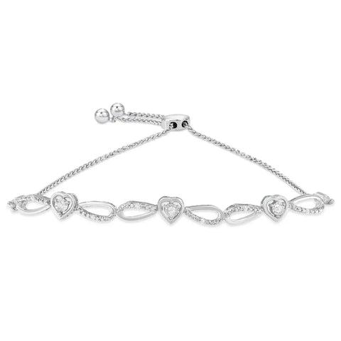 .925 Sterling Silver 1/10 Cttw Diamond Triple Heart-in-Infinity Bolo Style Adjustable Bracelet (H-I Color, I2-I3 Clarity)