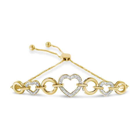 10K Yellow Gold over .925 Sterling Silver 1/10 Cttw Round-Cut Diamond Heart-Link Adjustable Bolo Bracelet (H-I Color, I2-I3 Clarity) - 6