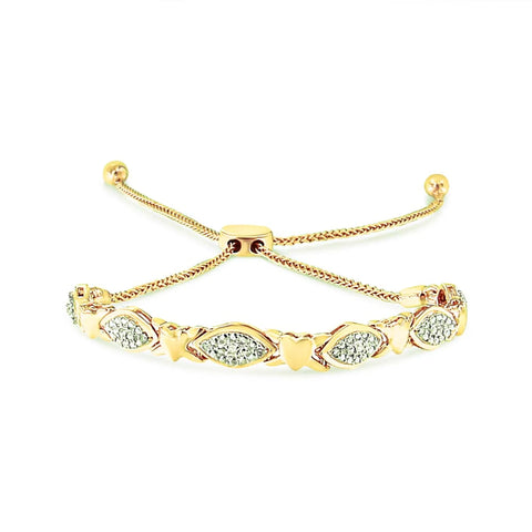 14K Yellow Gold Plated .925 Sterling Silver Diamond Accent Alternating Marquise Shape and Heart Links Bolo Bracelet (I-J Color, I3 Clarity) - Adjustable 6