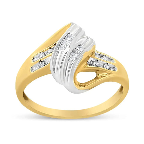 10K Yellow and White Gold 1/10 Cttw Baguette and Round-Cut Diamond Bypass Ring (I2 Color, H-I Clarity)