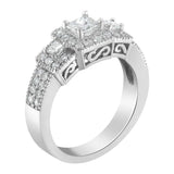 14K White Gold Round and Princess-Cut Diamond Three Stone Ring (1 Cttw, H-I Color, I1-I2 Clarity)