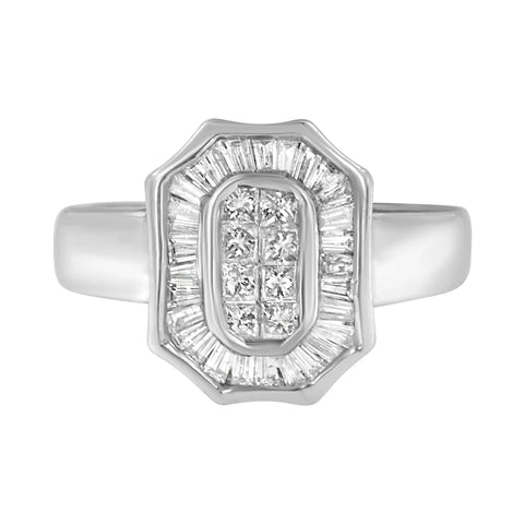 14K White Gold 1.00 Cttw Baguette and Princess-Cut Diamond Cocktail Art Deco Style Ring (H-I Color, SI1-SI2 Clarity)