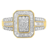 10K Yellow Gold Round and Baguette-Cut Diamond Cluster Ring (1.0 Cttw, I-J Color, SI1-SI2 Clarity)