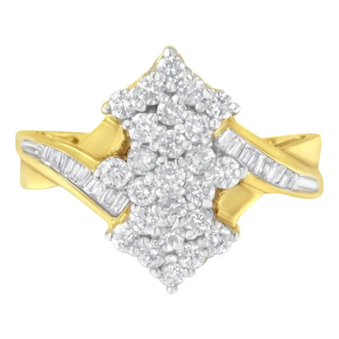 10K Yellow Gold Round And Baguette Cut Diamond Cluster Ring (1 1/10 Cttw, H-I Color, SI2-I1 Clarity)