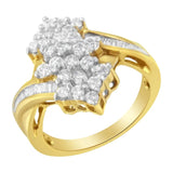 10K Yellow Gold Round And Baguette Cut Diamond Cluster Ring (1 1/10 Cttw, H-I Color, SI2-I1 Clarity)