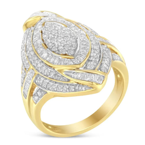 10K Yellow Gold Plated .925 Sterling Silver & 1-1/5 Cttw Diamond Marquise Shaped Cluster Cocktail Fashion Ring (I-J Color, I2-I3 Clarity)