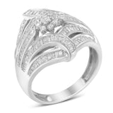 .925 Sterling Silver 1-1/8 Cttw Round & Baguette Diamond 'Flower & Fern' Cluster Cocktail Fashion Ring (I-J Color, I2-I3 Clarity)