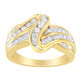 10K Yellow Gold 3/4 Cttw Channel Set Round and Baguette-cut Diamond Double Shank Bypass Ring (J-K Color, I1-I2 Clarity)