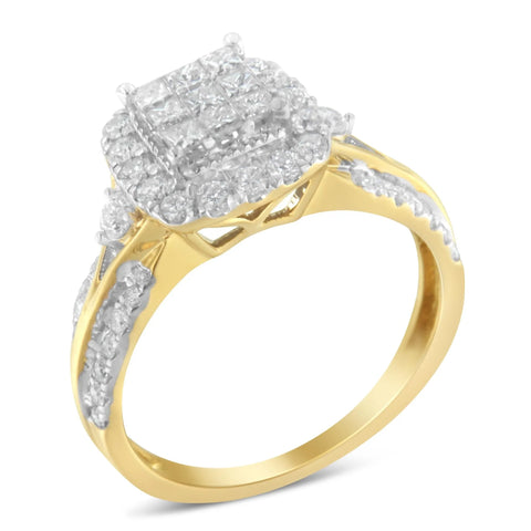 10K Yellow Gold 1.0 Cttw Diamond Composite Cushion-Shape Halo 3-Band-Look Engagement Ring (H-I Color, SI1-SI2 Clarity)