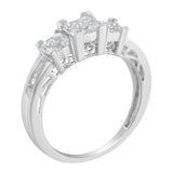 10K White Gold 1/2 Cttw Brilliant & Baguette Cut Diamond 3 Stone Design with 3 Square Clusters Engagement Ring (H-I Color, SI2-I1 Clarity)