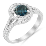 14K White Gold 1-1/3 Cttw White & Blue Diamond Interweaving Double Halo Cocktail Statement Ring (G-H and Fancy Blue Color, SI2-I1 Clarity)