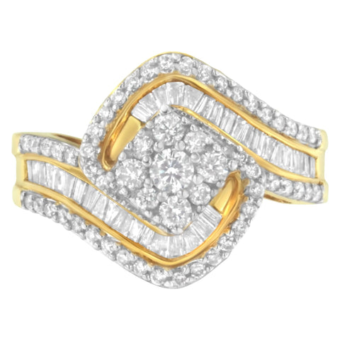 14K Yellow Gold 1.0 Cttw Baguette & Brilliant-Cut Diamond Round Floral Cluster Engagement or Fashion Ring with Swirl Wrapped Triple Row Band (H-I Color, SI2-I1 Clarity)