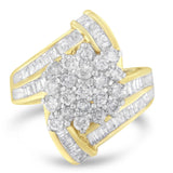 10K Yellow Gold Round and Baguette Diamond Crossover Cluster Ring (3 Cttw, I-J Color, I1-I2 Clarity)