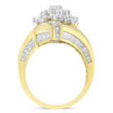 10K Yellow Gold Round and Baguette Diamond Crossover Cluster Ring (3 Cttw, I-J Color, I1-I2 Clarity)