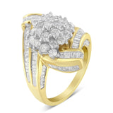 10K Yellow Gold Round and Baguette Diamond Crossover Cluster Ring (3 Cttw, I-J Color, I1-I2 Clarity)