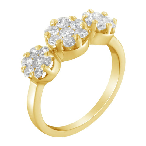 14K Yellow Gold 1-1/4 Cttw Brilliant Cut Diamond Three Round Floral Clusters Engagement or Fashion Ring (H-I Color, SI2-I1 Clarity)