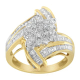 10K Yellow Gold Round and Baguette-Cut Diamond Bypass Cluster Ring (1.0 Cttw, I-J Color, I1-I2 Clarity)