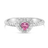 .925 Sterling Silver 4MM Pink Sapphire Heart and Diamond Accent Heart Ring (I-J Color, I2-I3 Clarity)