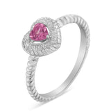 .925 Sterling Silver 4MM Pink Sapphire Heart and Diamond Accent Heart Ring (I-J Color, I2-I3 Clarity)