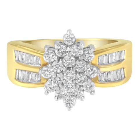 10K Yellow Gold 1.0 Cttw Round & Baguette Cut Diamond Floral Cluster Double-Channel Flared Band Statement Ring (H-I Color, SI2-I1 Clarity)