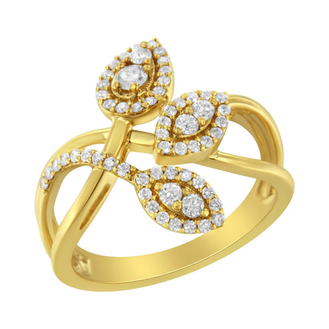 10K Yellow Gold 1/2 Cttw Round-Cut Diamond Layered Crossover Triple Leaf Bypass Ring (I-J Color, I1-I2 Clarity)