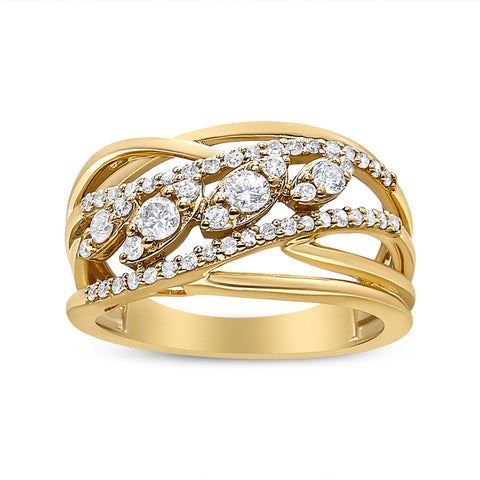 10K Yellow Gold 1/2 Cttw Round-Cut Multi Row Diamond Split Shank Cocktail Ring (H-I Color, SI2-I1 Clarity)