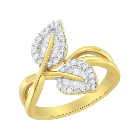 10K Yellow Gold 3/8 Cttw Round and Baguette-Cut Diamond Leaf Cocktail Ring (I-J Color, I1-I2 Clarity)