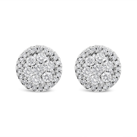 14K White Gold 1.0 Cttw Brilliant-Cut Diamond Halo-Style Cluster Round Button Stud Earrings (H-I Color, I1-I2 Clarity)