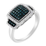 Black Rhodium Plated .925 Sterling Silver 1/2 Cttw White & Blue Diamond Square Halo Cocktail Ring (Fancy Blue & H-I Color, I2-I3 Clarity)