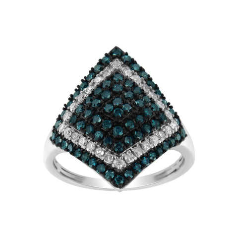 .925 Sterling Silver 1 cttw White and Treated Blue Diamond Rhombus Cocktail Ring (Blue, I3)