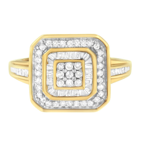 10K Yellow Gold 1/2 Cttw Round & Baguette-Cut Diamond Vintage-Inspired Square Cluster Framed Double Halo Cocktail Fashion Ring (H-J Color, SI2-I1 Clarity)