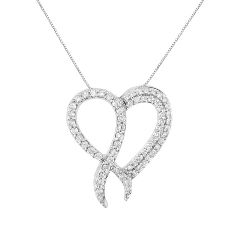 .925 Sterling Silver 1 cttw Diamond Heart and Ribbon 18