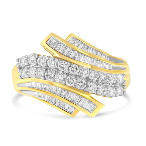 10K Yellow Gold 1.0 Cttw Round & Baguette Cut Diamond 64 Stone Bypass Style Channel Set Modern Statement Ring (H-I Color, SI1-SI2 Clarity)