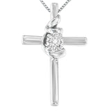 .925 Sterling Silver Prong Set Round-Cut Solitaire Diamond Accent Cross 18" Pendant Necklace (H-I Color, SI2-I1 Clarity)