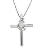 .925 Sterling Silver Prong Set Round-Cut Solitaire Diamond Accent Cross 18" Pendant Necklace (H-I Color, SI2-I1 Clarity)