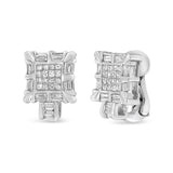 14K White Gold 1.0 Cttw Princess and Baguette-Cut Diamond Square Framed Huggie Hoop Omega Earrings (H-I Color, SI1-SI2 Clarity)