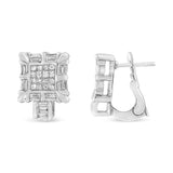 14K White Gold 1.0 Cttw Princess and Baguette-Cut Diamond Square Framed Huggie Hoop Omega Earrings (H-I Color, SI1-SI2 Clarity)