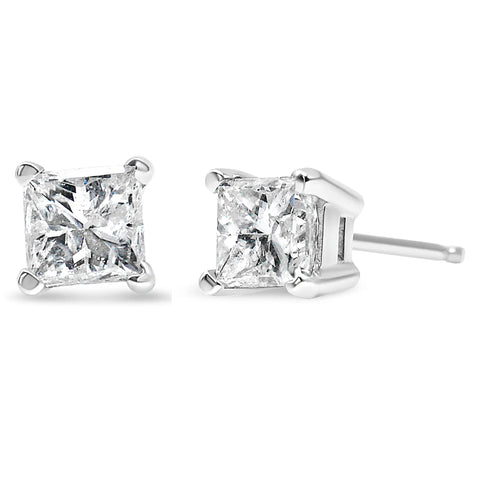 AGS Certified Princess-Cut Square Diamond 4-Prong Solitaire Stud Earrings in 14K Gold (J-K Color, I1-I2 Clarity)