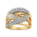 10K Yellow and White Gold 1.0 Cttw Round and Baguette-Cut Diamond Multirow Interwoven Cocktail Ring (I-J Color, I2-I3 Quality)