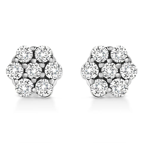 14K White Gold 1/2 Cttw Prong Set Round-Cut Diamond Flower Stud Earring (H-I Color, I1-I2 Clarity)