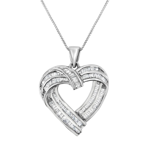 Sterling Silver 7/8 cttw Baguette Diamond Heart Pendant Necklace (I-J, I2-I3)